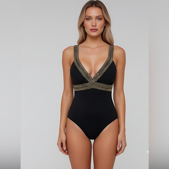 Gold Trim One Piece Swim Suit Bathing Suit - Picture 1 of 9